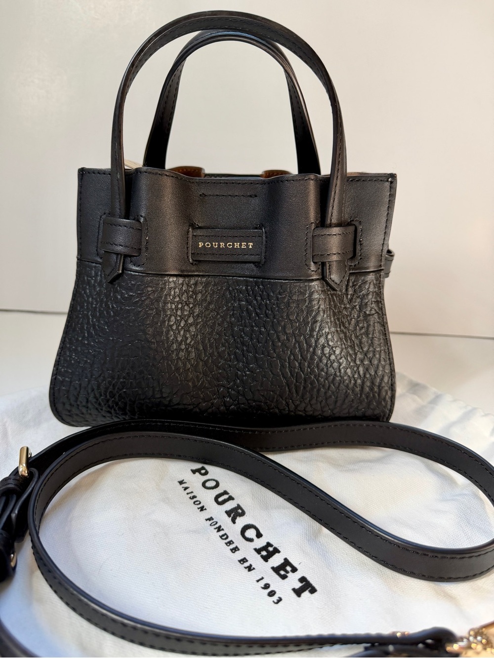 Maison Pourchet Paris Blossom Black Pebbled Leather Small Satchel/Crossbody Bag
